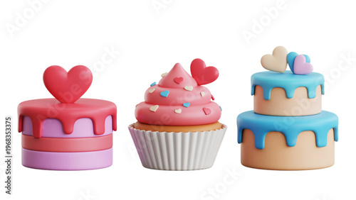 Three decorated cupcakes with heart and floral toppings arranged in a row Vector