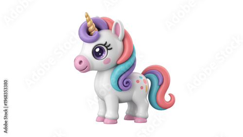 Colorful unicorn with rainbow mane and tail sitting gracefully on all fours Vector
