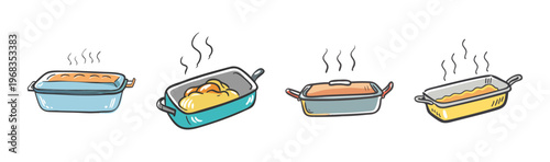 Four steaming roasting pans filled with food, hand-drawn vector illustration