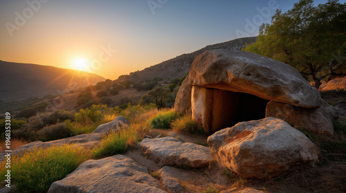 Classic religious scene of an empty tomb with a stone rolled away at sunrise in a hillside setting, Easter and resurrection concept, defocused background, with copy space