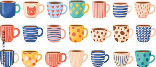 Colorful coffee mugs vector set with different patterns and styles ceramic cups collection for kitchen design beverage illustration and cafe themes