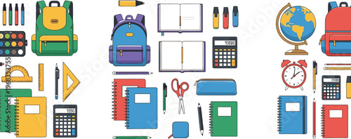 Colorful school supplies vector set including backpacks notebooks calculator globe stationery items isolated on white background for education back to school design