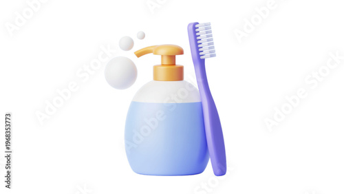 Blue soap dispenser and toothbrush set for bathroom hygiene routine Vector