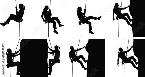 Silhouettes of industrial rope access workers climbing and rappelling on vertical surfaces, showcasing construction maintenance, safety gear, teamwork, and professional high altitude building