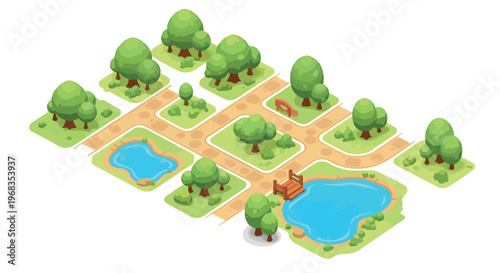 Isometric city park vector map, green public garden with trees and ponds, urban landscape design elements for city planning and maps isolated PNG with Transparent Background
