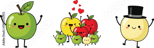 Cute apple cartoon characters vector set with funny expressions kawaii fruit family collection for stickers food design kids illustrations and playful themes
