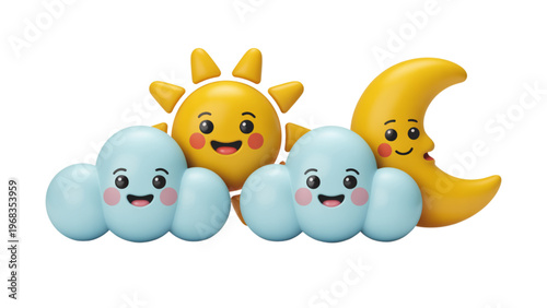 Three cheerful cartoon clouds with smiling faces and a crescent moon hugging them. Vector