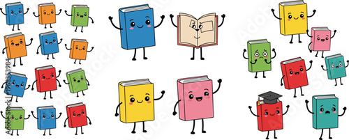 Foto Cute Book Characters Set with Emotions, Kawaii School Cartoon Collection