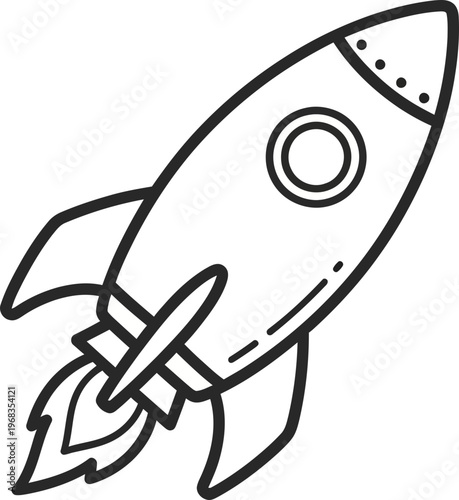 Black and white rocket ship illustration.