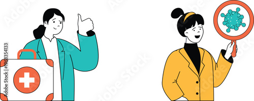 Two professionals discussing health and virus under a microscope with a positive and informative approach