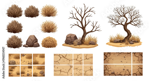 Arid desert landscape elements, dry leafless trees and bushes vector set, cracked earth ground textures for game design and environment illustration isolated PNG with Transparent Background