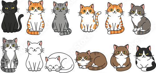 Cute domestic cat characters set with different breeds and poses adorable kitten collection vector illustration for pet design stickers and animal themes