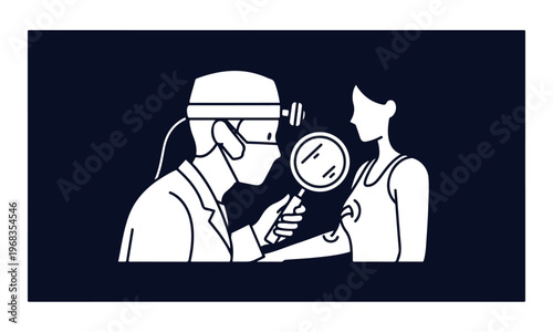Dermatologist checking patient's skin for moles with magnifying glass vector illustration
