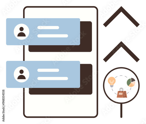 Online retail, user interaction, ecommerce tools, analytics overview, mobile application, interface design. Chat messages and icons with a magnifying glass. Online retail and user interaction concept