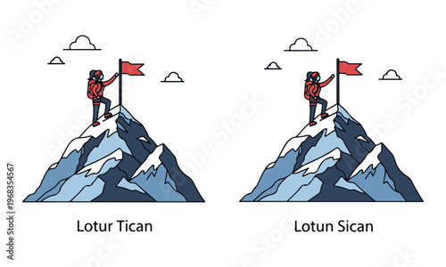 Mountain Climber Reaching Snowy Peak and Planting Red Flag, Success Concept Illustration