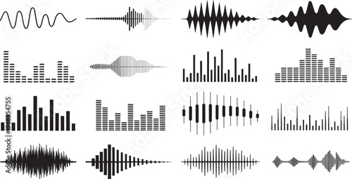 Audio waveform and sound signal visualization collection with equalizer music waves