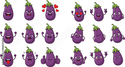 Cute eggplant cartoon characters vector set with funny expressions kawaii vegetable emoji collection for stickers food design social media and kids illustrations