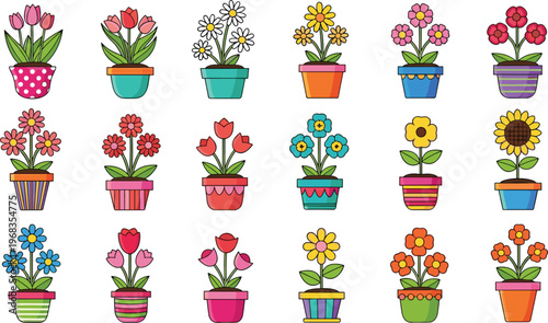 Cute flower pots vector set with colorful blooming plants cartoon collection for garden design spring decoration and home decor illustrations