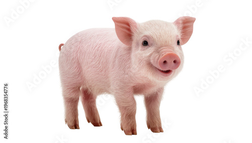 Foto Adorable pink baby piglet with curly tail and floppy ears looking upwards with a