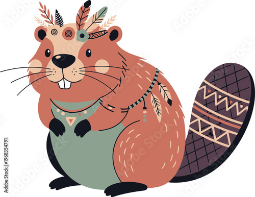 Cartoon beaver with headdress and necklace.