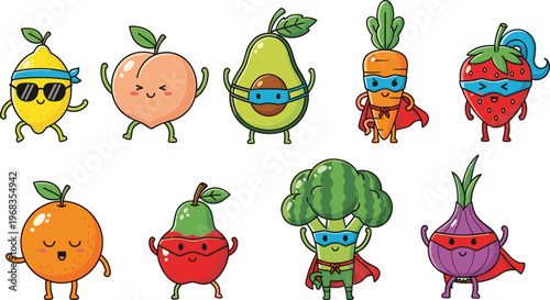 Cute fruit and vegetable superhero characters vector set with funny cartoon mascots healthy food collection for kids design stickers and nutrition themes