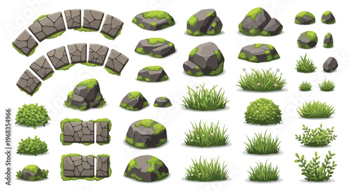 Cartoon nature game assets with mossy rocks and green grass, collection of stone boulders and garden plants, forest landscape vector elements isolated PNG with Transparent Background