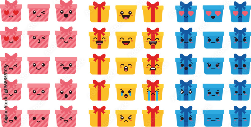 Obraz premium Cute Gift Box Characters Set with Emotions, Kawaii Present Cartoon Collection