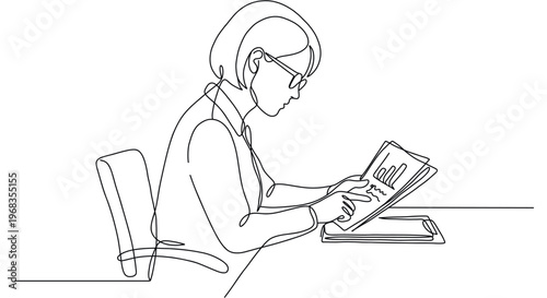 Minimal line art vector illustration of a business woman reviewing documents at desk. Continuous one line drawing representing office work, data analysis, paperwork, finance and professional workflow