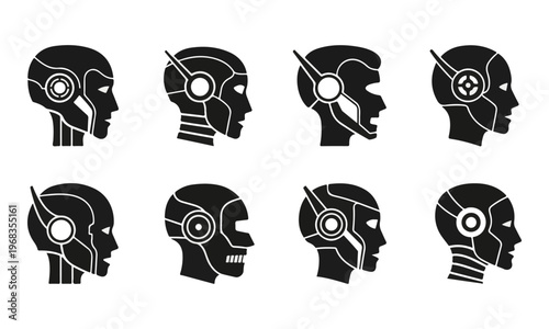 Set of Black Robot and Cyborg Head Profile Icons Vector for Technology Design
