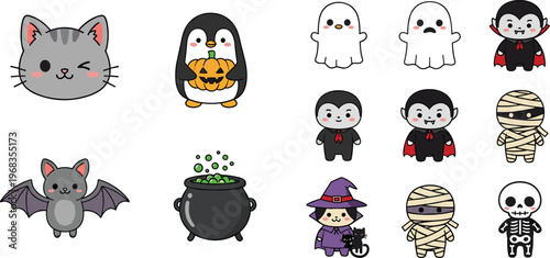 Cute halloween characters vector set with ghost vampire mummy bat witch penguin and cat cartoon collection for spooky stickers kids design and party decorations