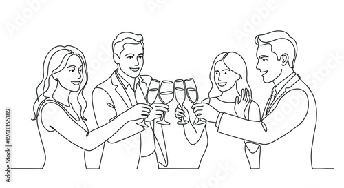 Minimal line art vector illustration of a group of people toasting with champagne glasses. Continuous line drawing style representing celebration, party, friendship, success and social gathering