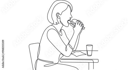 Minimal line art vector illustration of a woman eating a burger while sitting at a table with a drink. Clean continuous line drawing style representing fast food, lifestyle, eating habits and dining