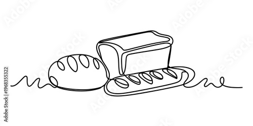 A single continuous line drawing of a variety of fresh baked bread loaves on a white background.