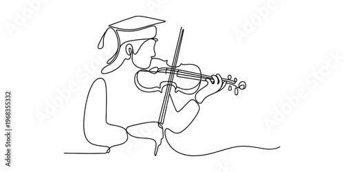 A minimal continuous line drawing of a student wearing a graduation cap playing the violin solo