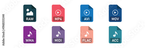 File extension icon set of digital media formats including raw vector illustration.