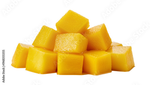 Tableau sur toile Bright golden chunks of ripe mango meticulously diced and piled high, isolated o