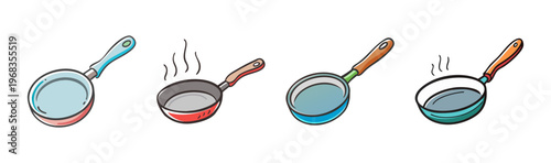 Four cartoon frying pans, some with steam, for cooking and kitchen use, isolated on white background.