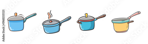 Four saucepans with lids, cooking pots for boiling and simmering, kitchenware illustration