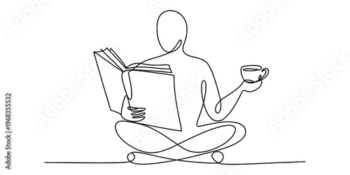 Minimalist continuous single line drawing of a person sitting and reading a book with a coffee Vector, illustration