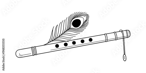 A simple black and white line drawing of a traditional indian bansuri flute with peacock feather Vector, illustration