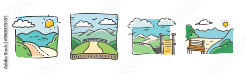 Scenic overlook views with winding paths, mountains, and sunny skies in cartoon style.