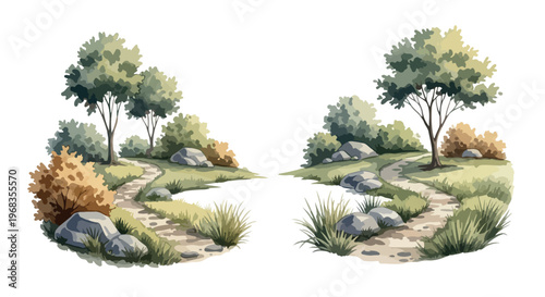Watercolor garden path landscape vector, winding stone walkway with green trees and bushes, scenic park trail with rocks and grass isolated PNG with Transparent Background