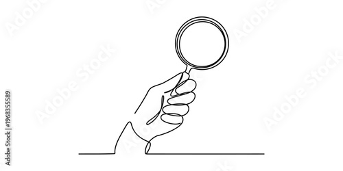 A continuous single line drawing of a human hand holding a magnifying glass for close inspection Vector, illustration