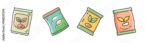 Collection of four colorful seed packet illustrations with plant sprouts and seeds.