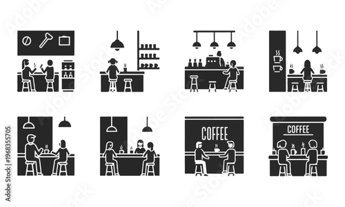 Collection of Bar and Coffee Shop Interior Vector Icons. Simple Glyph Style Silhouettes of Cafe and Pub Scenes.