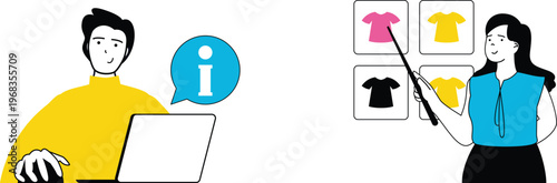 A person seeking advice on clothing options from another individual using a digital presentation tool