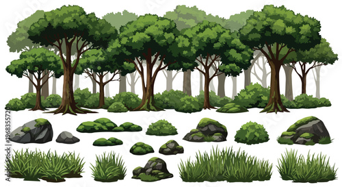 Lush green forest landscape elements, deciduous trees and shrubs vector set, mossy rocks and wild grass tufts for nature environment design isolated PNG with Transparent Background