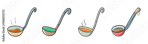 Set of four cartoon soup ladles with hot soup and broth for serving food.