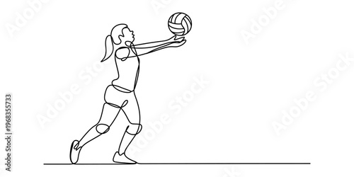Continuous single line drawing of a female volleyball player making a bump pass on the court floor Vector, illustration