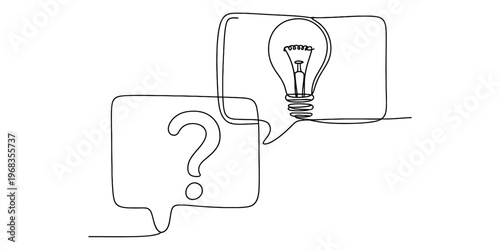 A single continuous line drawing showing a speech bubble with a question mark and a light bulb Vector, illustration